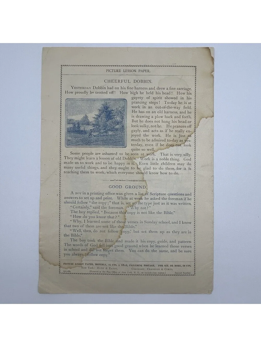Antique 1895 Picture Lesson Paper Sunday School Childrens Weekly Stag Print  C18
